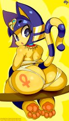 Rule 34 | :o, absurdres, animal crossing, animal ears, animal feet, ankh, ankha (animal crossing), ass, ass tattoo, bandages, blue eyes, blue hair, bright pupils, cat ears, cat girl, cat tail, colored skin, egyptian, furry, furry female, hair ornament, highres, huge ass, krokobyaka, looking back, nintendo, no nose, short hair, shortstack, sitting, snake hair ornament, tail, usekh collar, yellow skin