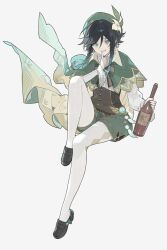 Rule 34 | 1boy, alcohol, androgynous, aqua hair, argyle, argyle clothes, argyle legwear, bard, beret, black hair, bottle, braid, cape, collared cape, corset, finger to mouth, flower, frilled sleeves, frills, genshin impact, gradient hair, green cape, green eyes, green hat, green shorts, hair flower, hair ornament, hat, hat flower, highres, holding, holding bottle, kushami deso, loafers, looking at viewer, multicolored hair, pantyhose, shirt, shoes, short hair with long locks, shorts, shushing, sitting, twin braids, venti (genshin impact), vision (genshin impact), white flower, white shirt, wine bottle