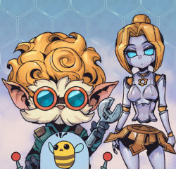 Rule 34 | 1boy, 1girl, animal, beard, bee, blonde hair, blue background, breasts, bug, cowboy shot, facial hair, floating, gloves, goggles, gradient background, green eyes, heimerdinger, holding, holding wrench, insect, league of legends, medium breasts, mustache, no pupils, notice lines, orianna (league of legends), phantom ix row, pointy ears, robot, short hair, standing, wrench, yordle