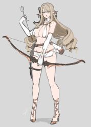 Rule 34 | 1girl, arrow (projectile), blonde hair, blue-eyed elven girl (hayabusa), blue eyes, blush, bow (weapon), breasts, ear covers, elbow gloves, elf, full body, gloves, grey background, hayabusa, high heels, highres, holding, holding arrow, holding bow (weapon), holding weapon, large breasts, long hair, looking at viewer, micro shorts, mole, mole on breast, open mouth, original, pointy ears, quiver, shorts, simple background, solo, standing, weapon, white gloves, white shorts