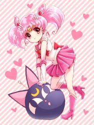 Rule 34 | 1girl, bishoujo senshi sailor moon, boots, bow, chibi usa, cone hair bun, double bun, elbow gloves, full body, gloves, hair bun, hair ornament, hairpin, heart, knee boots, luna-p, magical girl, pink background, pink footwear, pink hair, pink skirt, pink theme, pleated skirt, red eyes, ribbon, sailor chibi moon, sailor collar, short hair, skirt, solo, sora (pikasora), striped, striped background, tiara, toy, twintails, white gloves
