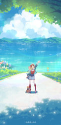 Rule 34 | 1girl, absurdres, arm up, artist name, blue skirt, brown hair, cat, cloud, cloudy sky, commentary request, day, green jacket, guard rail, highres, jacket, kneehighs, long hair, long sleeves, mountain, ocean, open clothes, open jacket, original, outdoors, red socks, red vest, road, road sign, scenery, shadow, shirt, sign, skirt, sky, socks, solo, standing, vest, watermark, waving, white shirt, wide shot, x.x.d.x.c