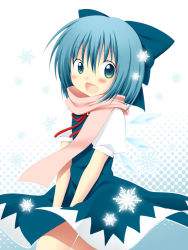 Rule 34 | 1girl, bad id, bad pixiv id, blue eyes, blue hair, blush, bow, cirno, hair bow, halftone, halftone background, matching hair/eyes, oniku (shimofuri-ke), open mouth, perfect cherry blossom, scarf, smile, snowflakes, solo, touhou, v arms, wings