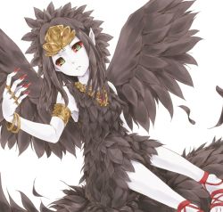 Rule 34 | armband, black hair, bracelet, dodomeiro, dress, duel monster, emblem, fabled grimro, feathers, green eyes, head tilt, high heels, jewelry, looking at viewer, necklace, pixiv thumbnail, resized, shoes, simple background, sitting, solo, tiara, white background, wings, yu-gi-oh!