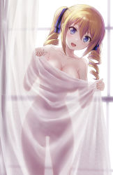 Rule 34 | 1girl, angelina kudou shields, blonde hair, blue eyes, breasts, curtain grab, curtains, drill hair, female focus, highres, holding, large breasts, mahouka koukou no rettousei, nanikairu, nude, see-through silhouette, solo, twin drills, twintails