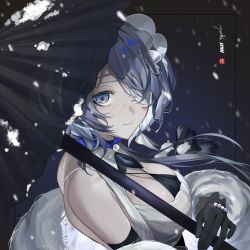 Rule 34 | 1girl, arknights, bare shoulders, black gloves, black umbrella, blue eyes, blue hair, breasts, commentary, elbow gloves, eyepatch, feather boa, female focus, gloves, highres, holding, holding umbrella, large breasts, looking at viewer, official alternate costume, oil-paper umbrella, short hair, smile, solo, umbrella, upper body, whisperain (arknights), whisperain (tremble cold) (arknights), yuuki uyu