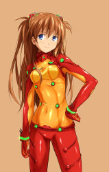 Rule 34 | 00s, 1girl, blue eyes, bodysuit, brown hair, chikuyama, evangelion: 2.0 you can (not) advance, hand on own hip, hip focus, latex, long hair, multicolored clothes, navel, neon genesis evangelion, plugsuit, rebuild of evangelion, solo, souryuu asuka langley, test plugsuit