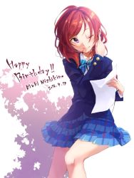 Rule 34 | 10s, 1girl, 2016, ;), blazer, blue bow, blue bowtie, bow, bowtie, character name, chiigo, dated, female focus, hand in own hair, happy birthday, holding, holding paper, jacket, long sleeves, love live!, love live! school idol project, nishikino maki, one eye closed, paper, plaid, plaid skirt, purple eyes, red hair, school uniform, skirt, smile, solo, striped bow, striped bowtie, striped clothes, striped neckwear, white background