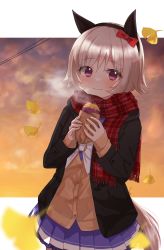 Rule 34 | 1girl, absurdres, animal ears, autumn leaves, black jacket, blazer, blush, bow, brown cardigan, brown hair, cardigan, closed mouth, commentary request, curren chan (umamusume), ear bow, etesumsom, food, frilled skirt, frills, fringe trim, ginkgo leaf, hair between eyes, highres, holding, holding food, horse ears, horse girl, horse tail, jacket, leaf, long sleeves, looking at viewer, open clothes, open jacket, plaid, plaid scarf, pleated skirt, purple eyes, purple shirt, purple skirt, red bow, red scarf, roasted sweet potato, scarf, school uniform, shirt, skirt, sleeves past wrists, smile, solo, steam, sunset, sweet potato, tail, tracen school uniform, umamusume