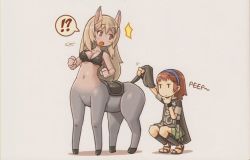 Rule 34 | !?, 1boy, 1girl, ^^^, agro, animal ears, blonde hair, blush, breasts, brown hair, centaur, cleavage, cropped, english text, lifted by tail, long hair, monster girl, open mouth, personification, saddle, sandals, shadow of the colossus, shigatake, short hair, squatting, surcoat, surprised, tail, taur, wander (shadow of the colossus)
