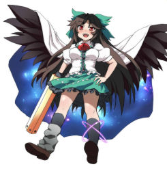Rule 34 | 1girl, arm cannon, bow, breasts, brown hair, cape, female focus, full body, hair bow, hand on own hip, hip focus, long hair, open mouth, red eyes, reiuji utsuho, sama samasa, simple background, skirt, solo, third eye, touhou, weapon, white background, wings