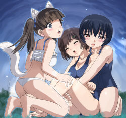 Rule 34 | 3girls, animal ears, ass, bikini, blue eyes, blue hair, blue one-piece swimsuit, blush, brave witches, breasts, brown eyes, brown hair, cat ears, cat tail, cleavage, closed eyes, frilled bikini, frills, georgette lemare, hair ornament, hairclip, hosoinogarou, karibuchi hikari, large breasts, long hair, multiple girls, one-piece swimsuit, open mouth, outdoors, school swimsuit, shimohara sadako, short hair, sky, sweat, swimsuit, tail, white bikini, world witches series, yuri