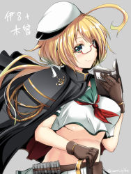 Rule 34 | 10s, 1girl, antenna hair, armor, blonde hair, blush, book, breasts, cape, cosplay, covered erect nipples, gin&#039;ichi (akacia), glasses, green eyes, hat, holding, holding book, i-8 (kancolle), kantai collection, kiso (kancolle), kiso (kancolle) (cosplay), long hair, looking at viewer, midriff, military, military uniform, naval uniform, pauldrons, remodel (kantai collection), sailor hat, school uniform, serafuku, shoulder armor, simple background, smile, solo, sword, underboob, uniform, weapon