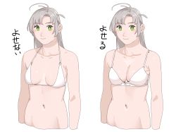 Rule 34 | 1girl, antenna hair, bikini, blush, bra, breasts, commentary request, cropped torso, green eyes, grey hair, highres, kantai collection, kinugasa (kancolle), long hair, looking at viewer, medium breasts, multiple views, navel, ojipon, simple background, smile, swimsuit, underwear, underwear only, upper body, white background