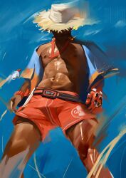 Rule 34 | 1boy, abs, bara, bare pectorals, cassidy (overwatch), dark-skinned male, dark skin, feet out of frame, from below, hat, highres, jinhallz, large pectorals, lifeguard, male focus, male swimwear, muscular, muscular male, navel, nipples, official alternate costume, orange male swimwear, overwatch, overwatch 1, painterly, pectorals, short hair, solo, standing, stomach, straw hat, swim trunks, whistle, whistle around neck