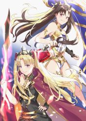 Rule 34 | 2girls, armlet, asymmetrical legwear, asymmetrical sleeves, between breasts, bikini, black bow, black dress, black hair, blonde hair, blue background, blush, bow, breasts, bridal gauntlets, cape, detached collar, dress, earrings, ereshkigal (fate), fate/grand order, fate (series), gold trim, gradient background, hair bow, heavenly boat maanna, hoop earrings, infinity symbol, ishtar (fate), jewelry, long hair, long sleeves, looking at viewer, meslamtaea (weapon), multiple girls, neck ring, necklace, parted bangs, pelvic curtain, pendant, polearm, red bow, red cape, red eyes, siblings, single sleeve, single thighhigh, sisters, skull, smile, spear, spine, swimsuit, thighhighs, tiara, two side up, uneven legwear, uneven sleeves, weapon, white bikini, yishan