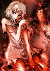 Rule 34 | 1girl, alternate costume, bare arms, blood, blood from mouth, bow, braid, collarbone, commentary request, cowboy shot, cuts, dress, grabbing, grey bow, hair bow, hand up, head tilt, holding, holding knife, holding weapon, injury, izayoi sakuya, knife, looking at viewer, red eyes, short dress, short hair, short sleeves, silver hair, smile, solo, standing, thighs, torn clothes, torn dress, torn sleeves, touhou, wakashinoda kei, weapon, white dress