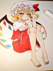 Rule 34 | 1girl, ascot, bare legs, barefoot, blonde hair, blush, closed mouth, collared shirt, commentary request, crystal, expressionless, flandre scarlet, frilled skirt, frilled sleeves, frills, hat, hat ribbon, market, medium hair, one side up, puffy short sleeves, puffy sleeves, red eyes, red ribbon, red skirt, red vest, ribbon, seika okawari, shirt, short sleeves, sitting, skirt, solo, toenails, toes, touhou, traditional media, vest, white background, wings, yellow ascot