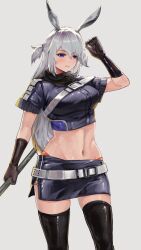 Rule 34 | 1girl, absurdres, animal ears, arknights, black gloves, black shirt, black skirt, black thighhighs, blue eyes, breasts, commentary request, cowboy shot, crop top, gloves, grey background, grey hair, hand up, highres, large breasts, long hair, midriff, navel, pencil skirt, rabbit ears, savage (arknights), shirt, short sleeves, simple background, skirt, solo, standing, stomach, thighhighs, thighs, two side up, very long hair, yu ruo