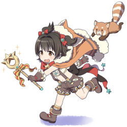 Rule 34 | 10s, 1girl, akagi miria, black hair, bow, bowtie, brown eyes, frilled gloves, frills, full body, gloves, granblue fantasy, holding, holding wand, hood, idolmaster, idolmaster cinderella girls, mattaku mousuke, navel, open mouth, raccoon tail, red panda, running, short hair, shorts, simple background, smile, solo, sparkle, suspenders, tail, twintails, two side up, wand, white background