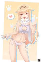 Rule 34 | 10s, 1girl, bare shoulders, bikini, black ribbon, blonde hair, blush, breasts, cat ear panties, cat lingerie, cleavage cutout, clothing cutout, gluteal fold, hair flaps, hair ornament, hair ribbon, hairclip, heart, highres, kantai collection, long hair, looking at viewer, meme attire, navel, open mouth, panties, paw print, red eyes, ribbon, scarf, side-tie panties, small breasts, smile, solo, swimsuit, teng zhai zi, underwear, white bikini, white scarf, yuudachi (kancolle), yuudachi kai ni (kancolle)