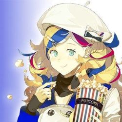 Rule 34 | 10s, 1girl, akira (kadokawa), beret, black bow, blonde hair, blue background, blue hair, bow, commandant teste (kancolle), eating, food, gradient background, green eyes, hat, hat bow, holding, kantai collection, looking at viewer, lowres, multicolored hair, popcorn, red hair, smile, solo, source request, streaked hair, upper body, white bow, white hair, white hat
