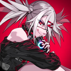 Rule 34 | 1girl, bare shoulders, black collar, can, closed mouth, collar, dive to zone, eyepatch, eyes visible through hair, fingernails, glowing, gradient background, grey hair, hair ornament, headphones, headphones around neck, highres, holding, holding can, long hair, original, pokimari, power symbol, red background, red eyes, smile, solo, spiked collar, spikes, tongue, tongue out, twintails, zipper pull tab