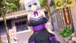 Rule 34 | 1girl, ascendant hearts, bare shoulders, blue eyes, blush, breasts, cowboy shot, detached collar, dress, eyebrows, flower, game cg, hair between eyes, highres, large breasts, looking at viewer, original, outdoors, parted lips, petals, short hair, solo, standing, tree, white hair
