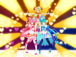 Rule 34 | 3girls, ankle boots, back bow, blonde hair, blue bow, blue footwear, blue hair, blue pantyhose, boots, bow, brooch, bun cover, china dress, chinese clothes, choker, closed mouth, commentary, cone hair bun, cure precious, cure spicy, cure yum-yum, delicious party precure, double bun, dress, earrings, flats, frown, fuwa kokone, gloves, green eyes, hair bow, hair bun, hanamichi ran, heart, heart brooch, highres, huge bow, jewelry, knee boots, kome-kome (precure), lifting person, light rays, long hair, looking at viewer, magical girl, mem-mem (precure), multiple girls, nagomi yui, on kazu, open mouth, orange bow, orange dress, orange footwear, outstretched arms, pam-pam (precure), pantyhose, pink dress, pink hair, precure, puffy short sleeves, puffy sleeves, purple eyes, red bow, red choker, red eyes, rope, short dress, short hair, short sleeves, side ponytail, smile, sparkle, spread arms, standing, triple bun, two side up, very long hair, white footwear, white gloves, yellow bow
