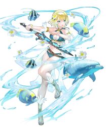 Rule 34 | 1girl, animal, bare shoulders, belt, bikini, blonde hair, blue eyes, blue hair, bracelet, breasts, cleavage, collarbone, criss-cross halter, dolphin, earrings, feather trim, fire emblem, fire emblem heroes, fish, fjorm (fire emblem), flower, full body, gradient clothes, gradient hair, hair flower, hair ornament, hairband, halterneck, highres, holding, holding sword, holding weapon, jewelry, leg up, maeshima shigeki, medium breasts, multicolored hair, navel, nintendo, non-web source, official art, open mouth, seashell, shell, short hair, solo, sparkle, starfish, stomach, swimsuit, sword, thighs, toeless footwear, toes, transparent background, water, weapon