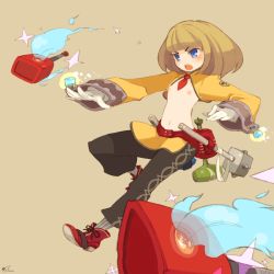 Rule 34 | 1girl, bare pectorals, blonde hair, blue eyes, blush, female focus, flat chest, full body, gloves, hammer, mace, magic, mota, navel, necktie, nipples, open clothes, original, pectorals, shoes, short hair, simple background, solo, weapon