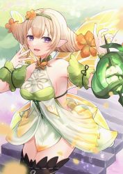 Rule 34 | 1girl, armor, blonde hair, boots, breasts, butterfly wings, drill hair, elf, fairy, fire emblem, fire emblem heroes, floating, floating hair, floating object, flower, gradient clothes, gradient hair, hair between eyes, hair flower, hair ornament, hair vines, highres, insect wings, long hair, looking at viewer, medium breasts, multicolored hair, nintendo, open mouth, peony (fire emblem), petals, pointy ears, purple eyes, reia hana, scale armor, see-through, shimekazari, sideboob, smile, solo, stairs, tanbi, thigh boots, thighhighs, wings