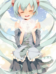 Rule 34 | 1girl, detached sleeves, closed eyes, green hair, hatsune miku, headset, heart, long hair, necktie, skirt, solo, twintails, umiko (munemiu), very long hair, vocaloid, wings