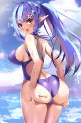 Rule 34 | 1girl, ahoge, alternate costume, ass, ass support, back, blue hair, blue one-piece swimsuit, blush, breasts, brown eyes, cloud, competition swimsuit, day, flower, hair flower, hair ornament, highres, hololive, large breasts, lens flare, long hair, looking back, mountainous horizon, ocean, one-piece swimsuit, open mouth, outdoors, pointy ears, ponytail, sideboob, sidelocks, sky, solo, swimsuit, thighs, tonokawa, virtual youtuber, wet, yukihana lamy