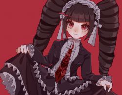 Rule 34 | 1girl, ameko53133, black hair, black jacket, blunt bangs, blush, bonnet, celestia ludenberg, center frills, commentary, danganronpa: trigger happy havoc, danganronpa (series), dress, drill hair, frills, gothic lolita, hair ribbon, highres, jacket, layered skirt, lolita fashion, long hair, long sleeves, looking at viewer, necktie, print necktie, print neckwear, red background, red eyes, red necktie, ribbon, simple background, skirt, skirt hold, smile, solo, symbol-only commentary, twin drills, twintails