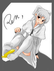 Rule 34 | 00s, 1girl, :p, alternate legwear, arm support, banana, blush, border, bow, capelet, character name, dress, dutch angle, feet, flat chest, food, footjob, fruit, full body, fur trim, hair bow, half updo, itou ryuusei, long hair, long sleeves, looking at viewer, pointy ears, pom pom (clothes), red eyes, sanbi, sexually suggestive, sidelocks, simple background, sitting, skirt hold, solo, thighhighs, tongue, tongue out, tsukihime, white background, white hair, white len (tsukihime)
