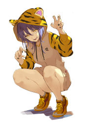 Rule 34 | 1girl, absurdres, animal ears, animal print, black nails, blue hair, claw pose, fake animal ears, fangs, gin (oyoyo), hair between eyes, highres, hood, hoodie, looking at viewer, medium hair, nail polish, open mouth, original, shoes, simple background, sneakers, solo, squatting, teeth, thighs, tiger ears, tiger print, white background, yellow eyes