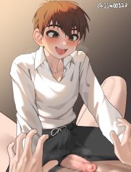 Rule 34 | 2boys, alternate costume, artist name, black pants, blush, brown eyes, brown hair, bulge, censored, chilchuck tims, collared shirt, commentary, contemporary, dungeon meshi, erection, erection under clothes, g1 (jjw00123), grinding, heart, heart-shaped pupils, highres, long sleeves, male focus, mosaic censoring, multiple boys, paid reward available, pants, penis, saliva, shirt, short hair, sitting, sitting on person, sweat, symbol-shaped pupils, twitter username, white shirt, yaoi