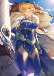 Rule 34 | 1girl, absurdres, animal, armor, armored boots, armored dress, artoria pendragon (fate), artoria pendragon (lancer) (fate), blonde hair, blue dress, blue sky, blue thighhighs, blurry, blurry foreground, boots, braid, braided bun, breasts, cape, capelet, cleavage, closed mouth, cloud, cloudy sky, covered navel, crown, day, depth of field, dress, fate/grand order, fate (series), fur-trimmed cape, fur trim, gauntlets, green eyes, hair between eyes, hair bun, hair ornament, highres, holding, holding weapon, knee boots, lance, large breasts, lion, long hair, looking away, outdoors, polearm, rhongomyniad (fate), sidelocks, single hair bun, sky, solo, thighhighs, weapon, white capelet, yorukun