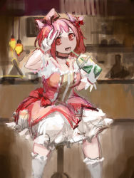 Rule 34 | 1girl, adapted costume, alternate breast size, bar (place), blush, bow, breasts, brown theme, collar, cup, dress, drink, feet out of frame, hair bow, holding, holding drink, indoors, kaname madoka, kaname madoka (magical girl), kneehighs, lamp, layered dress, lights, looking at viewer, magical girl, mahou shoujo madoka magica, mahou shoujo madoka magica (anime), matching hair/eyes, medium breasts, open mouth, pink bow, pink dress, pink eyes, pink hair, short twintails, sitting, sleeveless, sleeveless dress, socks, solo, soul gem, tareme, teeth, the lys project, tongue, twintails, upper teeth only, v, white socks