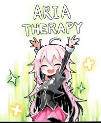 Rule 34 | 1girl, ahoge, bad id, bad pixiv id, black shirt, blouse, blush, braid, braided tail, cevio, chibi, commentary, cowboy shot, crop top, english text, closed eyes, hair tie, hands up, ia (vocaloid), open mouth, pink hair, pink skirt, plus sign, shidoh279, shirt, side braid, side ponytail, skirt, smile, solo, sparkle, standing, twin braids, vocaloid, voiceroid