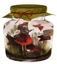 Rule 34 | 1girl, bonnet, fish, highres, jar, kukka, looking away, mini person, minigirl, original, red ribbon, red skirt, ribbon, simple background, skirt, solo, white background