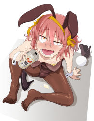 Rule 34 | 1girl, animal ears, beer can, breasts, can, drink can, drunk, fake animal ears, flat chest, glasses, high heels, highres, holding, holding can, kobayashi-san chi no maidragon, kobayashi (maidragon), leotard, looking up, lower teeth only, medium hair, motokazu (dontokodon), on floor, open mouth, playboy bunny, rabbit ears, red hair, shoes, simple background, sitting, small breasts, solo, sweat, teeth, tongue, unworn shoes, white background, yellow eyes