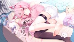 Rule 34 | 1girl, absurdres, animal ears, ass, barefoot, blush, box, feet, gift, gift box, headphones, highres, long hair, looking at viewer, lying, on side, pink eyes, pink hair, shorts, single sock, smile, socks, soles, stuffed animal, stuffed toy, toes