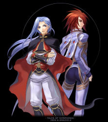 Rule 34 | 00s, 2boys, artist request, blue eyes, blue hair, bodysuit, cape, crossed arms, fingerless gloves, gloves, kratos aurion, long hair, looking back, male focus, multiple boys, ponytail, profile, red eyes, red hair, short hair, simple background, standing, tales of (series), tales of symphonia, yuan ka-fai
