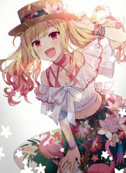 Rule 34 | 1girl, :d, beads, bikini, bikini under clothes, bird, blonde hair, blush, bow, bracelet, collared bikini, dress flower, flamingo, floral print, flower, frilled shirt collar, frilled sleeves, frills, gradient background, gradient hair, grey background, hand up, happy, hat, highres, holding, holding clothes, holding hat, jewelry, long hair, looking at viewer, midriff peek, multicolored hair, nail polish, navel, open mouth, pink bikini, pink nails, project sekai, red eyes, ring, shachi (kaisendon), short sleeves, smile, solo, streaked hair, swimsuit, tenma saki, white background, white bow