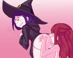 Rule 34 | &gt; &lt;, 2girls, anilingus, ass, ass grab, bent over, blue hair, blush, brown hair, cleft of venus, closed eyes, clothed sex, clothes lift, dress, dress lift, face in ass, glasses, hat, heavy breathing, highres, kagari atsuko, little witch academia, long hair, long sleeves, looking back, multiple girls, nipples, open mouth, oral, orenji (orenjipiiru), panties, panty pull, pussy, pussy juice, saliva, smile, sweatdrop, teacher and student, uncensored, underwear, ursula callistis, wavy mouth, witch, witch hat, yuri
