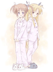 Rule 34 | 00s, 2girls, :d, animal slippers, arms behind back, blonde hair, blue eyes, blush, brown hair, bunny slippers, buttons, fate testarossa, full body, long hair, long sleeves, looking at viewer, lyrical nanoha, mahou shoujo lyrical nanoha, multiple girls, no legwear, open mouth, own hands together, pajamas, purple eyes, red eyes, red hair, short twintails, slippers, smile, standing, takahashi mugi, takamachi nanoha, twintails, v arms, very long hair