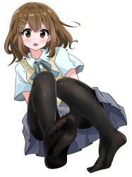 Rule 34 | 1girl, :o, absurdres, amanotti 01, black pantyhose, blue ribbon, blush, brown eyes, brown hair, collared shirt, commentary request, convenient leg, double-parted bangs, dutch angle, eyebrows hidden by hair, feet, foreshortening, full body, grey skirt, hair between eyes, hair ornament, hairclip, highres, hirasawa yui, k-on!, knees together feet apart, knees up, looking at viewer, medium hair, miniskirt, neck ribbon, no shoes, open mouth, pantyhose, pleated skirt, ribbon, school uniform, shirt, short sleeves, sitting, skirt, soles, solo, sweater vest, toes, white shirt, yellow sweater vest