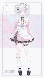 Rule 34 | 1girl, absurdres, apron, asymmetrical legwear, bandaid, bandaid on leg, barcode, black bow, black footwear, black hairband, black ribbon, bow, breasts, cleavage, cleavage cutout, closed mouth, clothing cutout, commentary request, cross-laced clothes, dress, frilled apron, frilled dress, frills, full body, hagoromo mayo, hair bow, hairband, heart o-ring, highres, indie virtual youtuber, juliet sleeves, leg strap, long sleeves, looking at viewer, loose thighhigh, maid headdress, mashiro shiki, medium breasts, neck ribbon, official art, pink dress, pink eyes, puffy sleeves, ribbon, shoes, sidelocks, solo, thigh strap, thighhighs, twintails, uneven legwear, virtual youtuber, white apron, white hair, white thighhighs